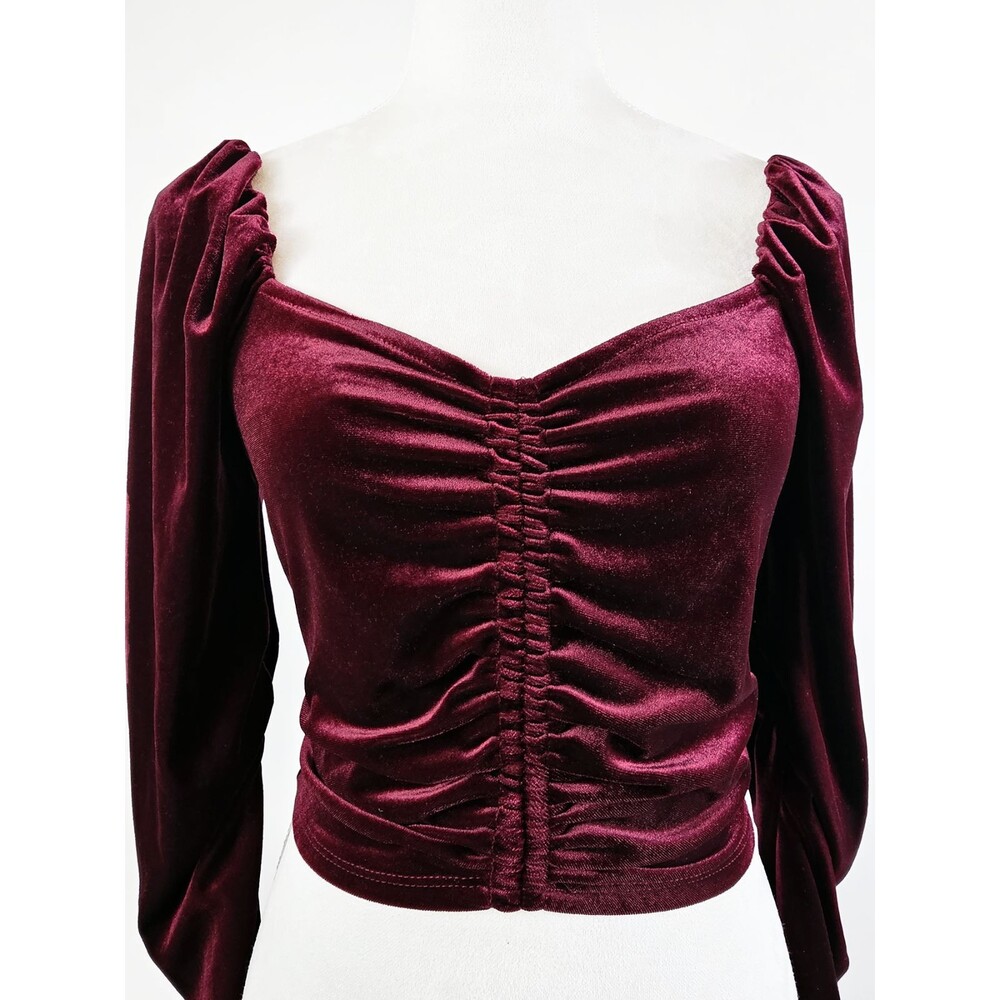 Mixed Threads Medium Ruched Velvet Burgundy Dark Red Crop Top